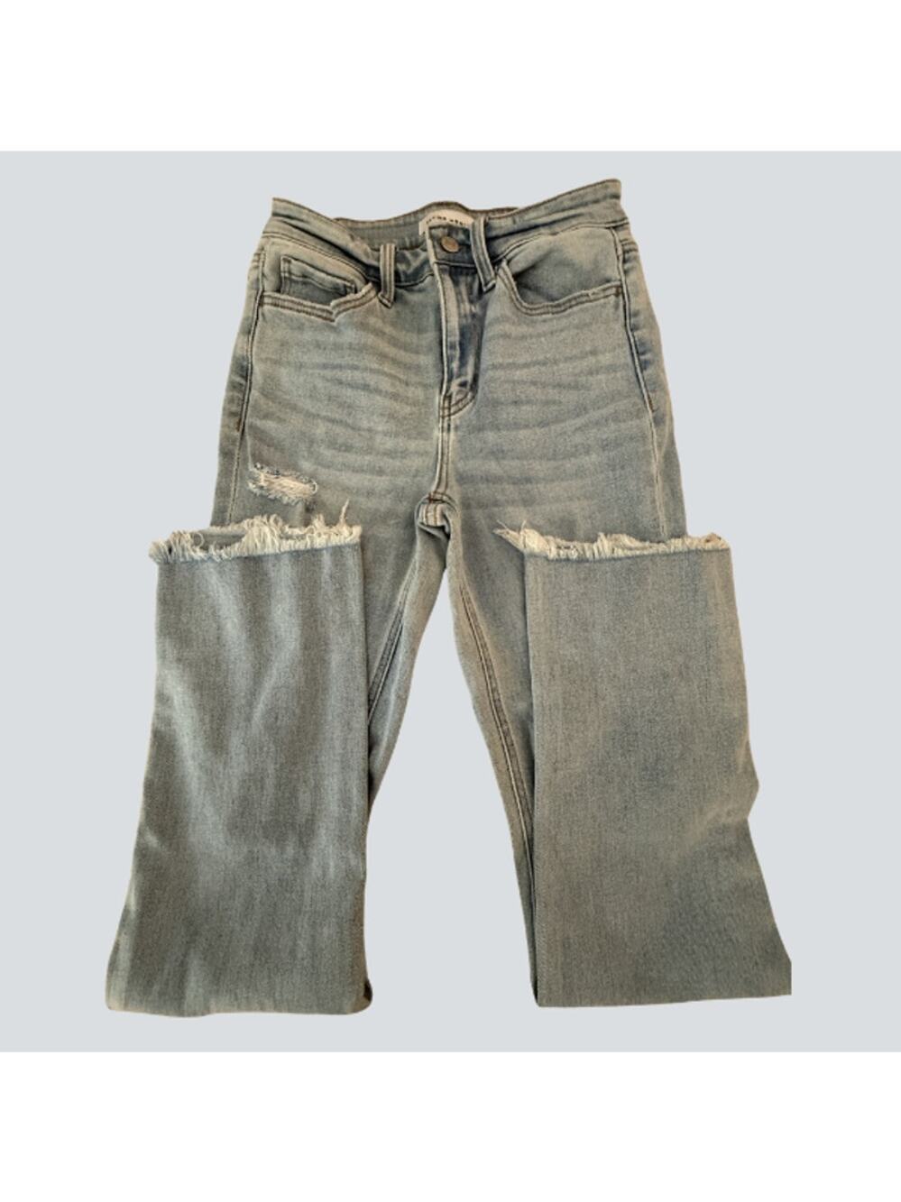 Flying Monkey High Rise Distressed Flare Jeans Raw Hem Knee Rip Light Wash